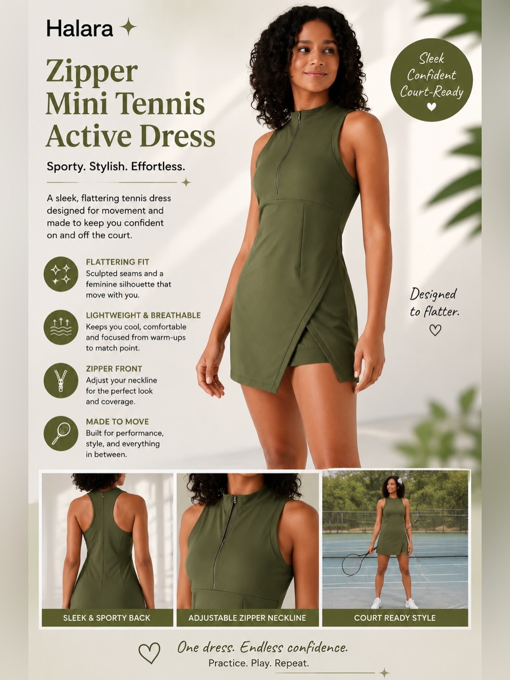 HALARA Olive Zipper Mini Tennis Active Dress
